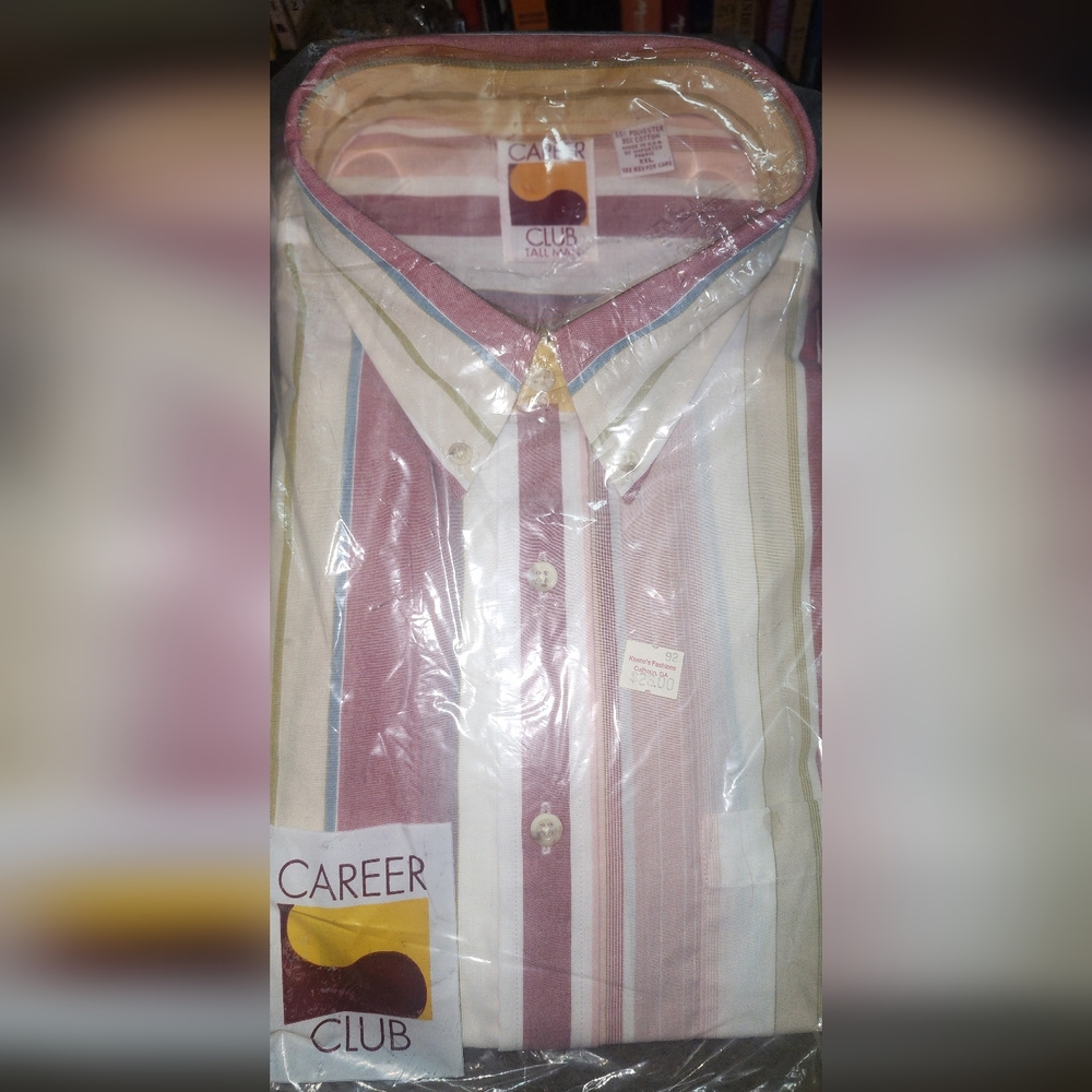 Vintage 70s Men's Career Club  Striped Shirt - Pink and Cream Tall Man
